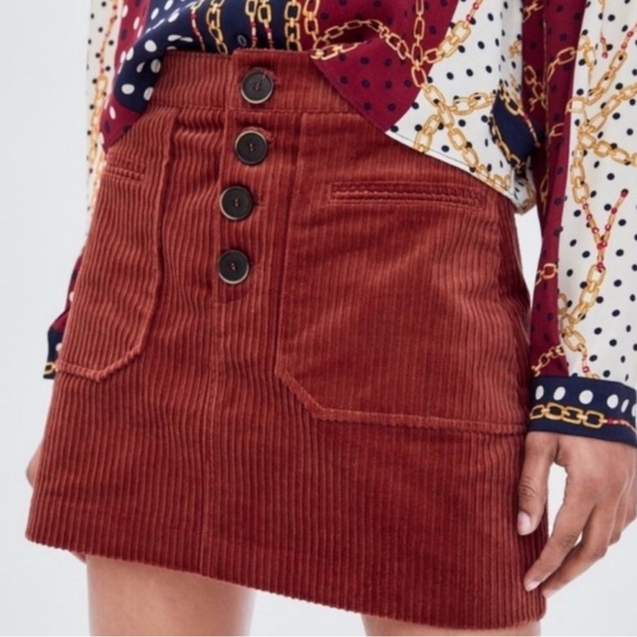 Zara Dresses & Skirts - ZARA Crimson Red Corduroy Mini Skirt | Playful Buttons | Cute Retro Inspired